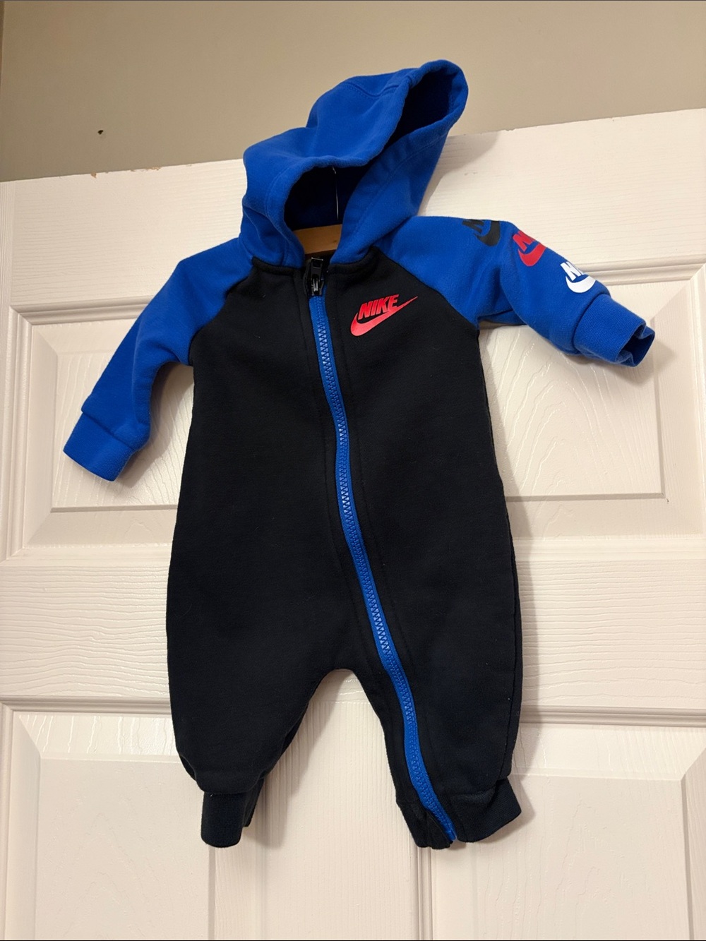 Nike Infant Hooded One-Piece in Black and Royal Blue with Red Logo